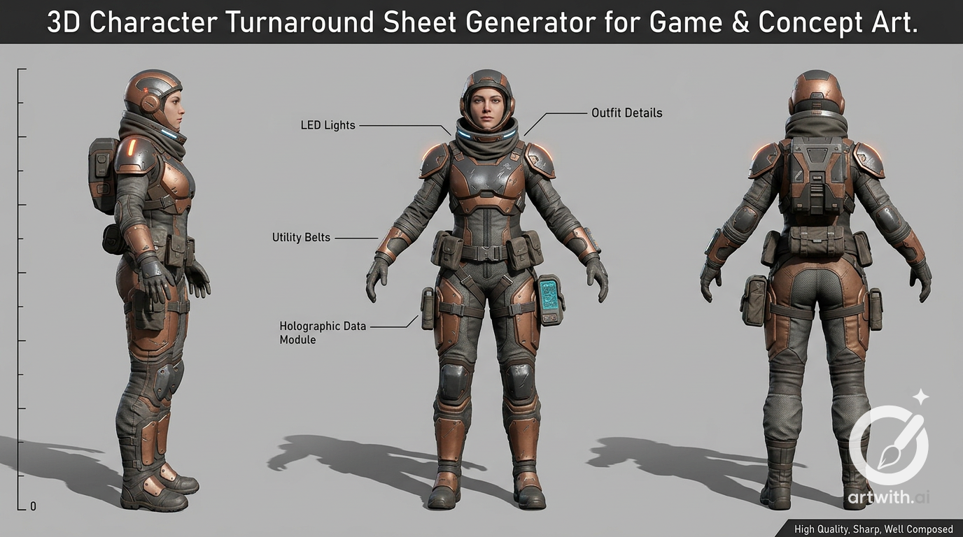 Sample output generated with the 3D Character Turnaround Sheet Generator for Game & Concept Art prompt