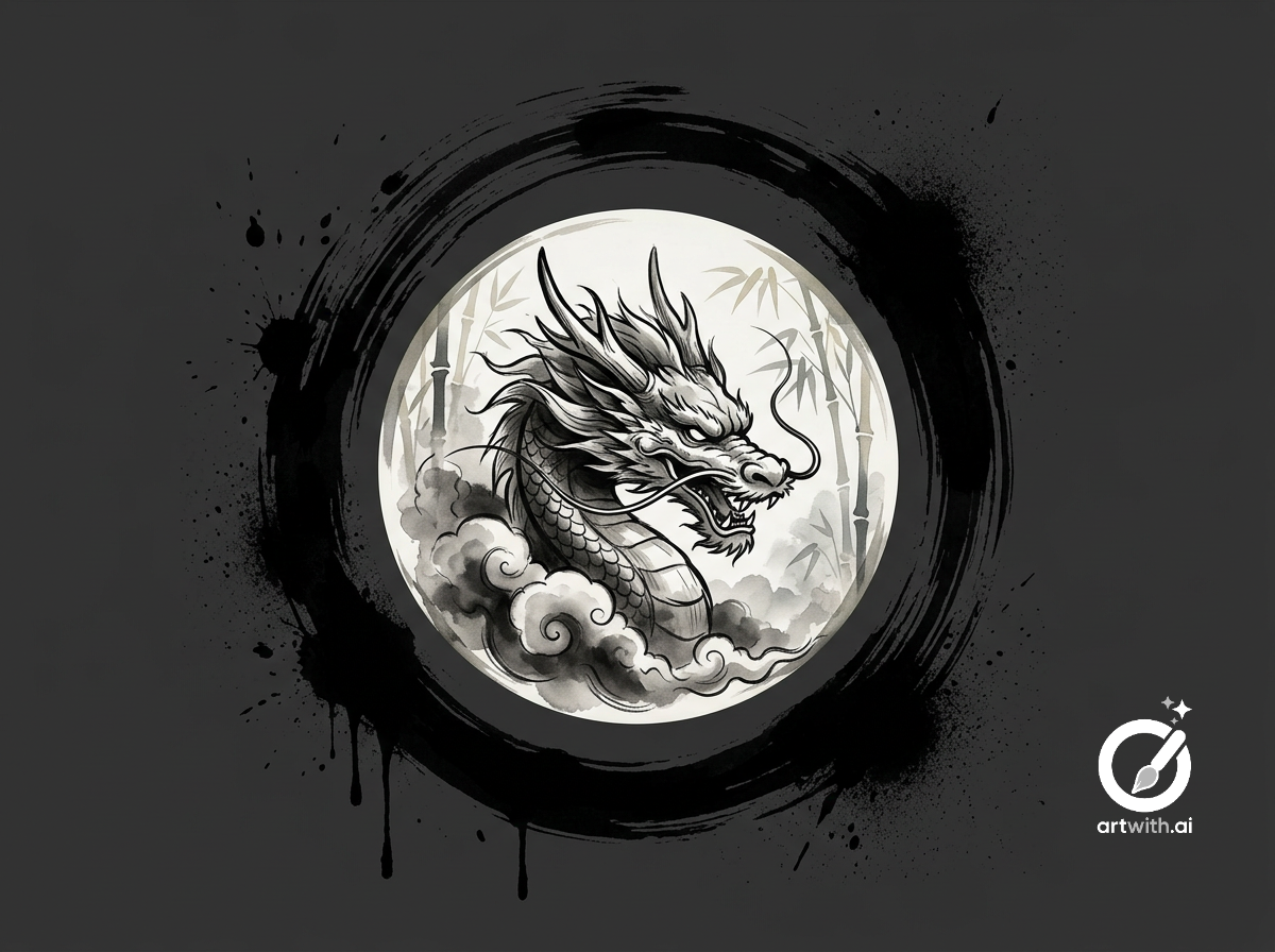 Sample output generated with the Traditional Sumi-e Circular Ink Wash Graphic Art Generator prompt