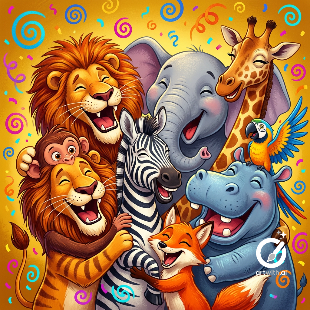 Sample output generated with the Vibrant Laughing Animal Group Illustration Generator prompt